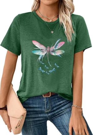 PYL Rundhalsshirt Damen Sommer kurzarm T-Shirts mit Libellen Print Oberteile Tops
