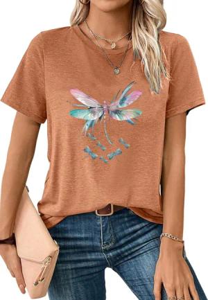 PYL Rundhalsshirt Damen Sommer kurzarm T-Shirts mit Libellen Print Oberteile Tops