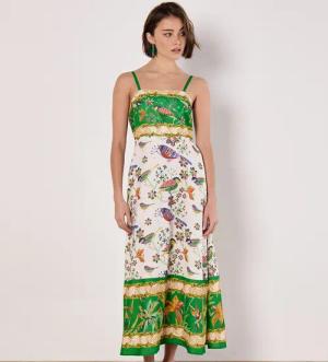 Apricot Druckkleid Midikleid mit Vögeln und