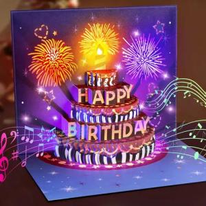 RWEUOQ Grußkarten Geburtstagskarte 3D-Pop-Up-Feuerwerk Kuchen variable