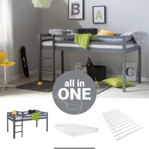 Homestyle4u Hochbett 90x200 Kinderbett Rausfallschutz Grau/Weiß