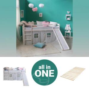 Homestyle4u Hochbett 90x200 Weiß mit Vorhang