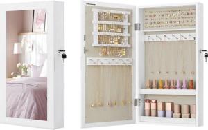 SONGMICS Schmuckschrank Spiegelschrank abschließbarer Wandschrank, weiß