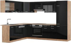 Vicco Winkelküche R-Line, Schwarz Hochglanz/Goldkraft Eiche,