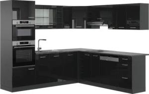Vicco Winkelküche R-Line, Schwarz Hochglanz/Anthrazit, 237