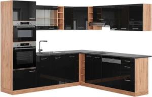 Vicco Winkelküche R-Line, Schwarz Hochglanz/Goldkraft Eiche,