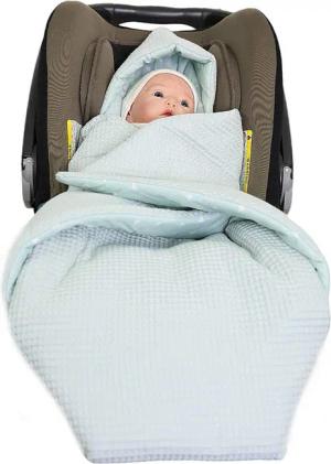 Babydecke Einschlagdecke Waffelmuster graublau/Herzen pastellgrün, HOBEA-Germany,