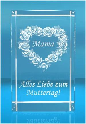 Dekofigur 3D Glasquader Motiv: Rosenherz Alles