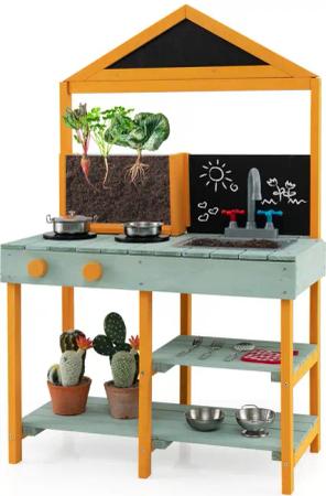 COSTWAY Outdoor-Spielküche Holz, Kinderküche mit Wasserhahn,
