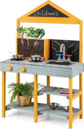 COSTWAY Outdoor-Spielküche Holz, Kinderküche mit Wasserhahn,