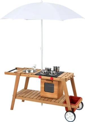 COSTWAY Outdoor-Spielküche Matschküche Holz, mit Sonnenschirm,