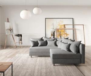 DELIFE Ecksofa Clovis, Grau Flachgewebe Ottomane