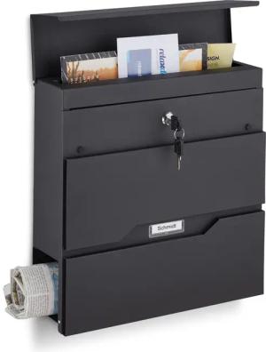 relaxdays Briefkasten Schwarzer Briefkasten mit Zeitungsfach
