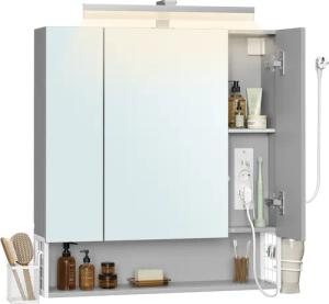 VASAGLE Spiegelschrank Badezimmerschrank mit Steckdosen, Hängekorb,