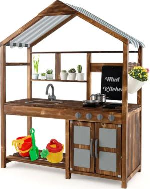 COSTWAY Outdoor-Spielküche, Kinderküche aus Massivholz, mit