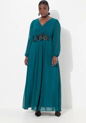 Ulla Popken Cocktailkleid Abendkleid V-Ausschnitt bestickter