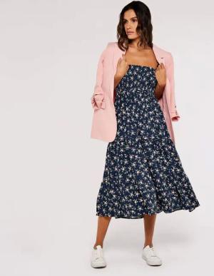 Apricot Midikleid Kleid mit Orchideenprint, (1-tlg)