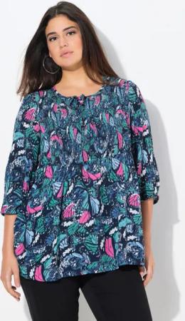 Ulla Popken Longbluse Smokbluse Schmetterlinge Rundhals
