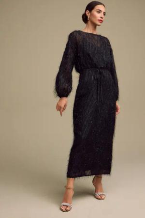 Next Maxikleid Langärmeliges Glitzer-Maxikleid mit Bindegürtel