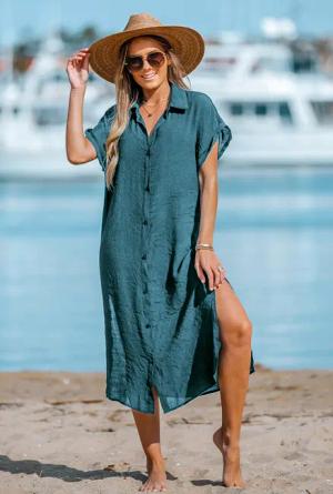 Blaues Maxi-Strandkleid mit Kragenausschnitt