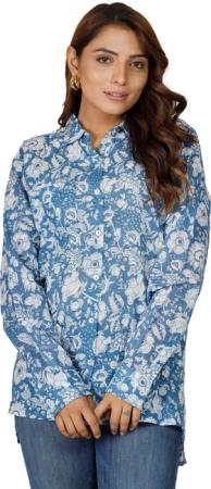 Guru-Shop Longbluse Handbedrucktes Boho Langarmhemd, luftiges..