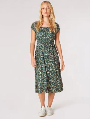 Apricot Midikleid Florales Midikleid, mit gesmokter