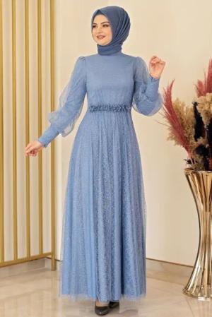 fashionshowcase Abendkleid silbriges Tüllkleid Abiye Abaya