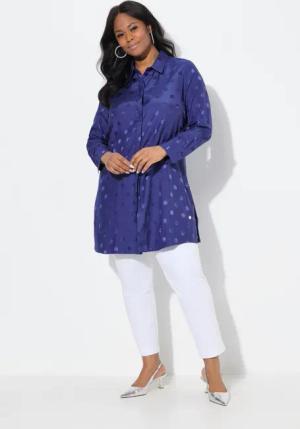 Ulla Popken Longbluse Longbluse Jacquard-Punkte Hemdkragen