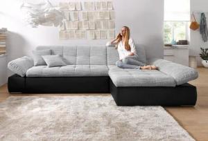 DOMO collection Ecksofa "Moric, L-Form, XXL-Sofa - Breite 300cm", wahlweise mit Bettfunktion und Armteilverstellung, schwarz-silber