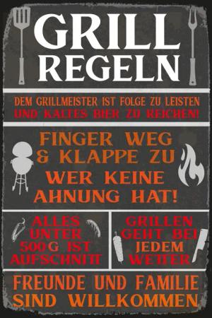queence Metallbild "Grillregeln", Geschirr & Besteck-Schriftzug-Sprüche-Sprüche & Texte-Vintage-Getränke-Essen, (1 St.), 20x30cm inkl. Aufhängung, Outdoor geeignet