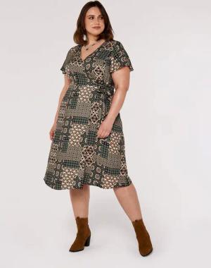 Apricot Druckkleid Retro Wickelminikleid, mit tollem