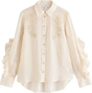 Next Langarmbluse Geraffte, bestickte Ramie-Bluse (1-tlg)