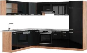 Vicco Winkelküche R-Line, Schwarz Hochglanz/Goldkraft Eiche,