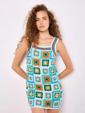 Apricot Minikleid Häkelquadrate Minikleid, mit breiten