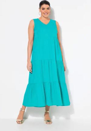 Ulla Popken Maxikleid Stufen-Maxikleid A-Linie V-Ausschnitt