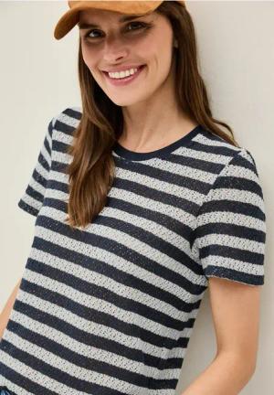 Cecil Damen Gestreiftes Ajour T-Shirt in Blau, Gr: L