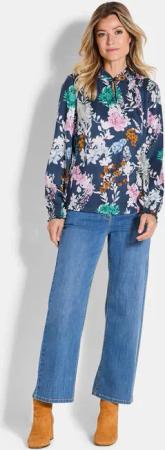 Druckbluse mit Smok-Details - dunkelblau / gemustert - Gr. 48 von Goldner Fashion
