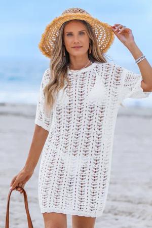 Weißes Kurzarm Strick-Strandkleid