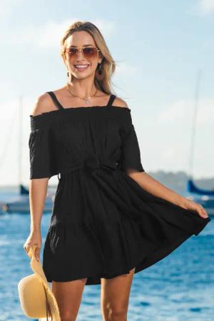 Kurzarm schulterfreies Minikleid mit Taillengürtel