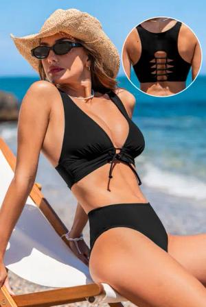 Schwarzes Breite Träger Mid-Waist Bikini-Set