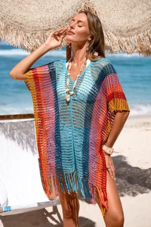 Gestreiftes V-Ausschnitt Mini-Strick-Strandkleid