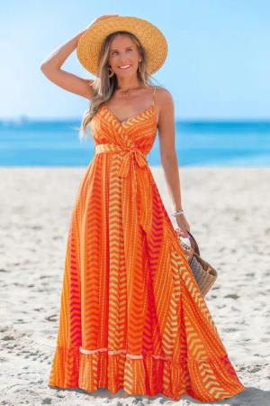 Orange Ärmelloses Boho Maxi-Wickelkleid