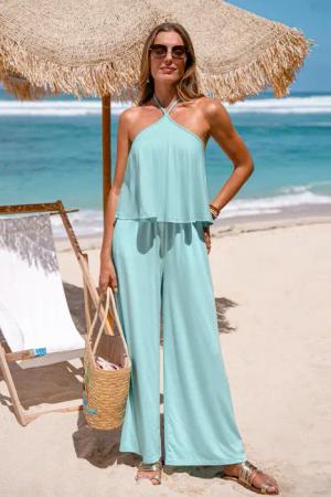 Blauer Ärmelloser Hoher Ausschnitt Jumpsuit