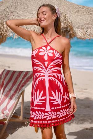 Rotes Florales Ärmelloses Hoher Ausschnitt Minikleid