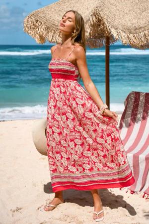 Rotes ropisches Ärmelloses Maxikleid