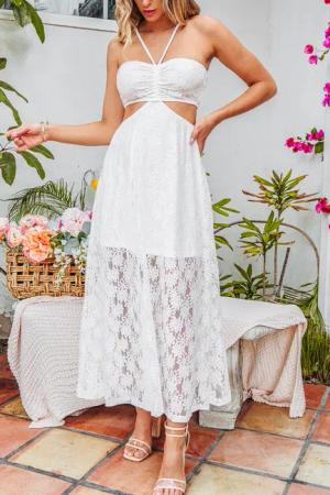 Weißes Ärmelloses Herzausschnitt Spitze-Maxikleid