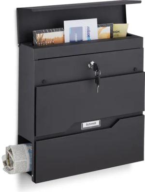 relaxdays Briefkasten Schwarzer Briefkasten mit Zeitungsfach