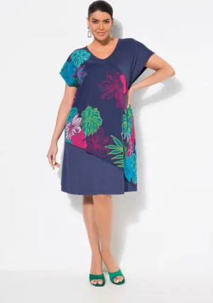 Ulla Popken Minikleid Jerseykleid Chiffon-Überwurf V-Ausschnitt