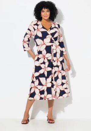 Ulla Popken Jerseykleid Midikleid Blüten Wickeloptik