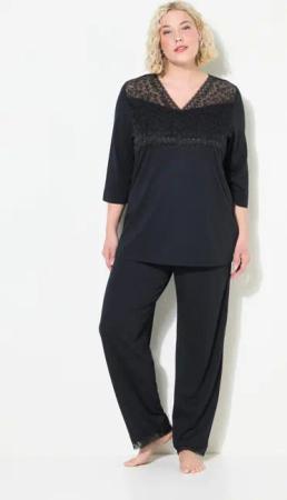 Ulla Popken Pyjama Pyjama Spitzeneinsatz V-Ausschnitt